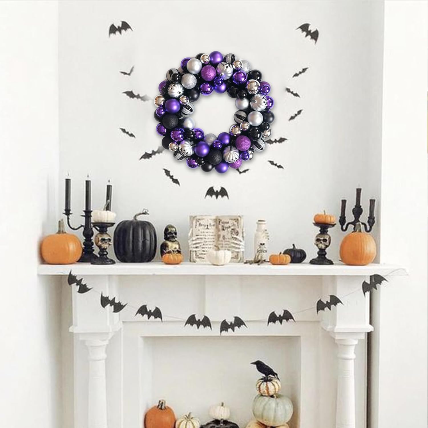 Halloween Ball Wreath for Front Door, Fall 20 Inch Sliver Purple Black Color Large Ball Wreath for Indoor Outdoor, Halloween Door Home Decor
